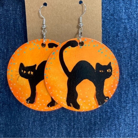 Halloween Black Cat Wooden One-Of-A-Kind Hand Painted Earrings Handmade Witchy - Picture 2 of 10